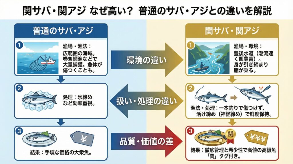関サバ・関アジと普通のサバ・アジとの違いを解説したオリジナルの図解