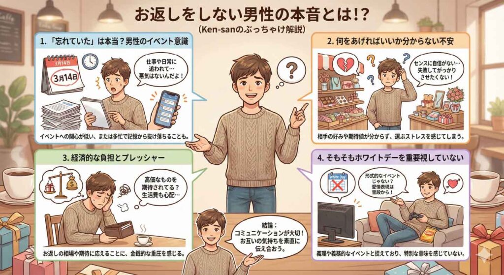 ホワイトデーにお返しをしない男性の本音を解説するイラスト。忘れていた、何をあげればいいか分からない不安、経済的プレッシャー、そもそもイベントを重視していないなどの理由を、男性キャラクターと共にわかりやすく説明している図解