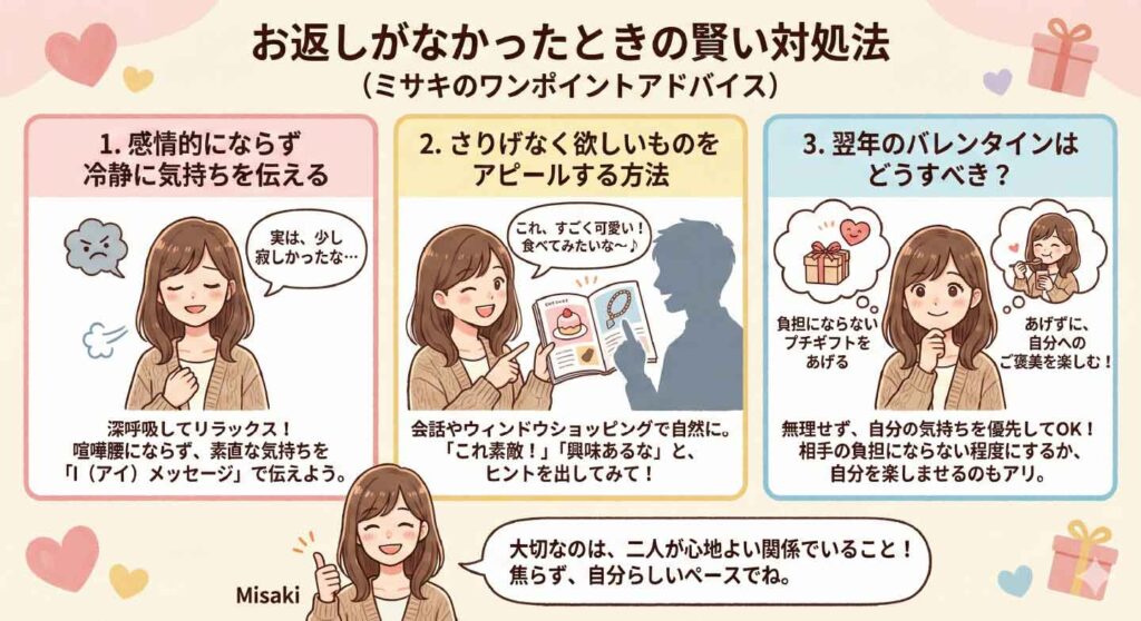ホワイトデーでお返しがなかったときの賢い対処法を解説するイラスト。感情的にならず気持ちを伝える、さりげなく欲しいものを示す、翌年は無理せず自分の気持ちを優先するなど、女性キャラクターが分かりやすくアドバイスしている図解。