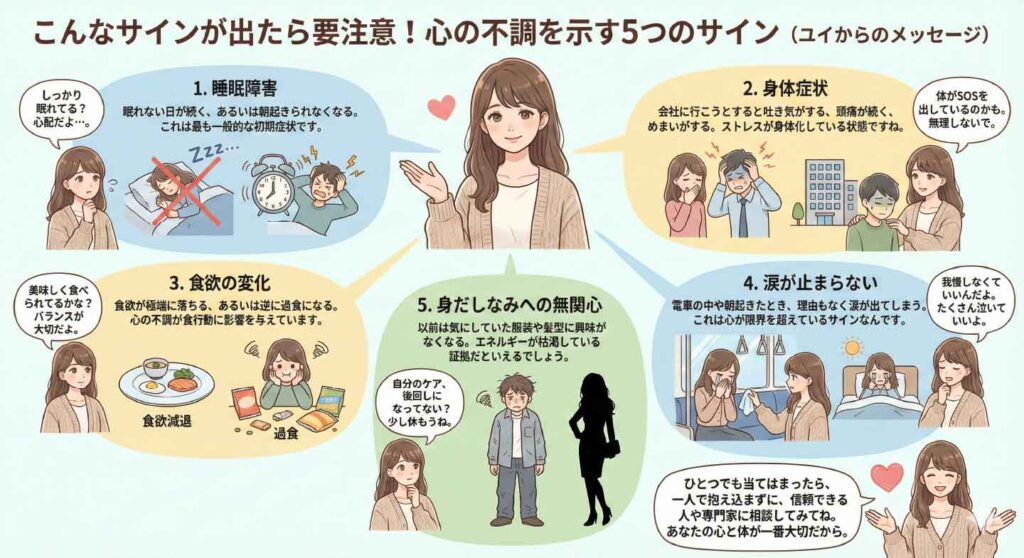 心の不調を示す5つのサインを解説するイラスト。睡眠障害、身体症状、食欲の変化、理由なく涙が止まらない、身だしなみへの無関心など、注意すべきメンタルサインを女性キャラクターが優しく説明している図解。