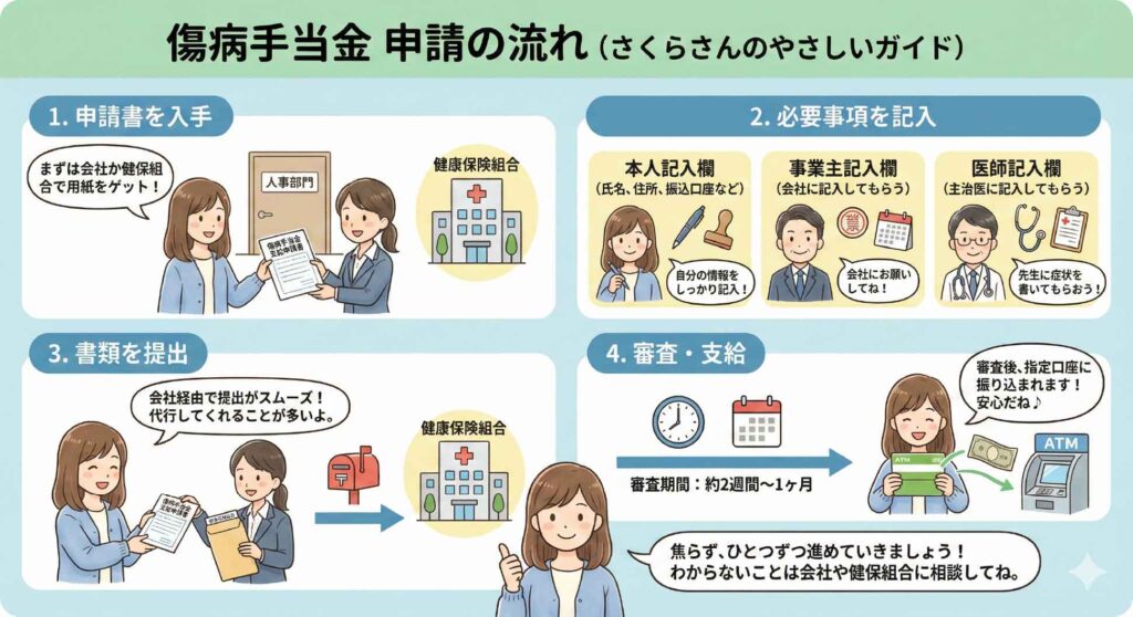 傷病手当金の申請手順を解説する図解。申請書の入手、必要事項の記入、会社経由での提出、審査と支給までの流れを、女性キャラクターとともに分かりやすく説明しているイラスト。