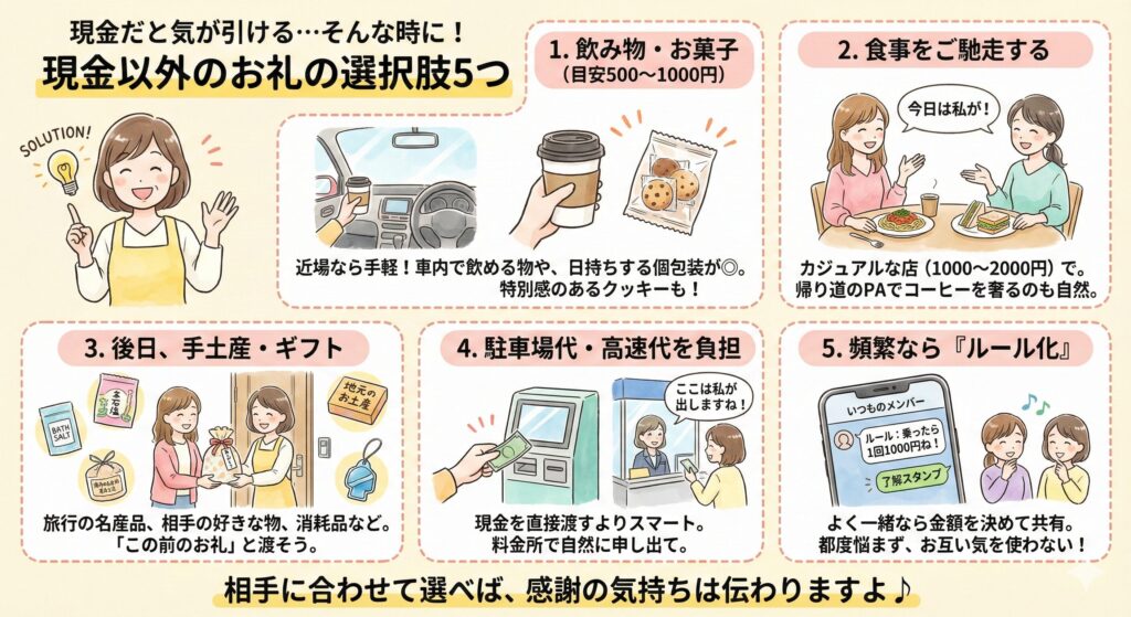 ガソリン代の代わりに渡せる現金以外のお礼5つを紹介するイラスト。飲み物やお菓子、食事をご馳走する、後日の手土産・ギフト、駐車場代や高速代を負担する、頻繁ならルール化するなど、状況に合わせた感謝の伝え方を解説している画像。