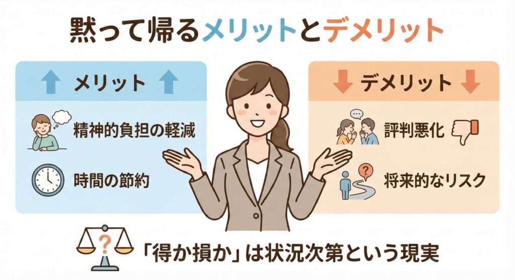 退職日に黙って帰る場合のメリットとデメリットを解説するイラスト。精神的負担の軽減や時間の節約といったメリットと、評判悪化や将来的なリスクといったデメリットを、女性キャラクターが分かりやすく説明している図解。