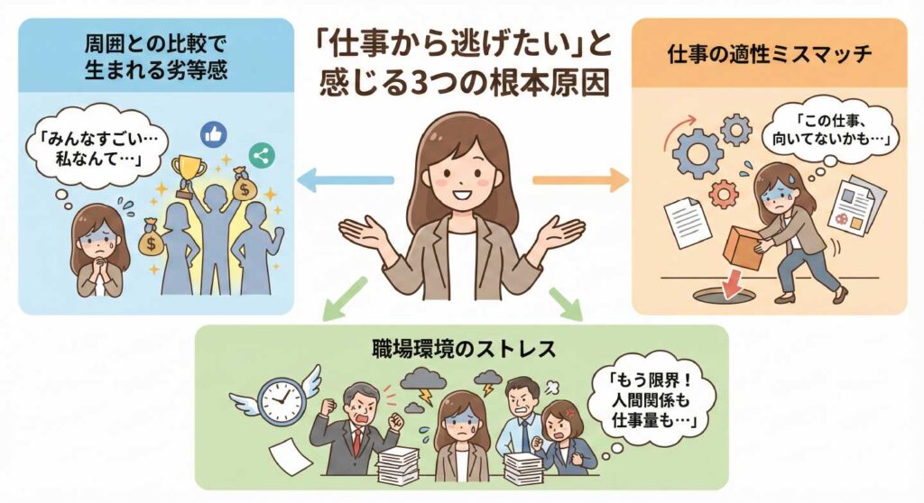 仕事から逃げたいと感じる3つの根本原因を解説する図解。周囲との比較による劣等感、仕事の適性ミスマッチ、職場環境のストレスという3要因を、悩む女性キャラクターとイラストでわかりやすく説明している画像。