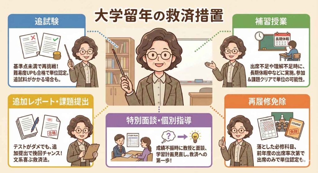大学で留年しそうな学生のための救済措置を解説する図解。追試験、補習授業、追加レポート提出、特別面談・個別指導、再履修免除などの救済制度を、教師キャラクターがわかりやすく説明しているイラスト。