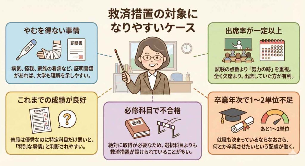 大学で救済措置の対象になりやすいケースを解説する図解。やむを得ない事情、一定以上の出席率、これまでの成績が良好、必修科目での不合格、卒業年次で単位不足などの条件を、先生キャラクターが分かりやすく説明しているイラスト。