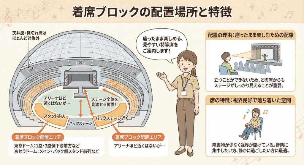 コンサート会場の図解で、着席ブロックの配置場所と特徴を説明したイラスト。スタンド前方やバックスタンド付近など、ステージ全体を見渡しやすく、立てない人でも楽しめる見やすい座席として紹介されている。