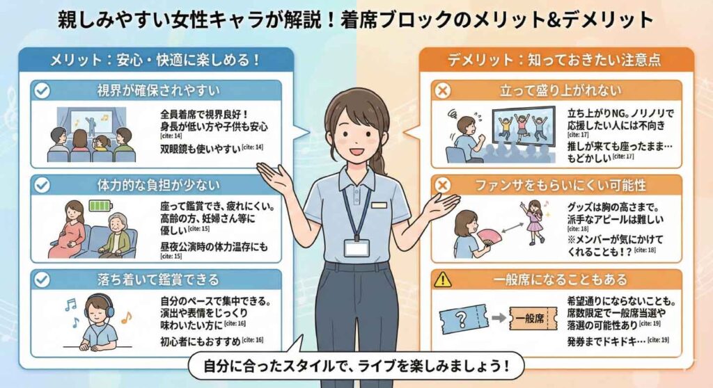 着席ブロックのメリット・デメリットを女性キャラクターが解説する図解。メリットは“視界が確保されやすい”“体力的負担が少ない”“落ち着いて鑑賞できる”。デメリットは“立って盛り上がれない”“ファンサをもらいにくい可能性”“一般席になることもある”と説明している。