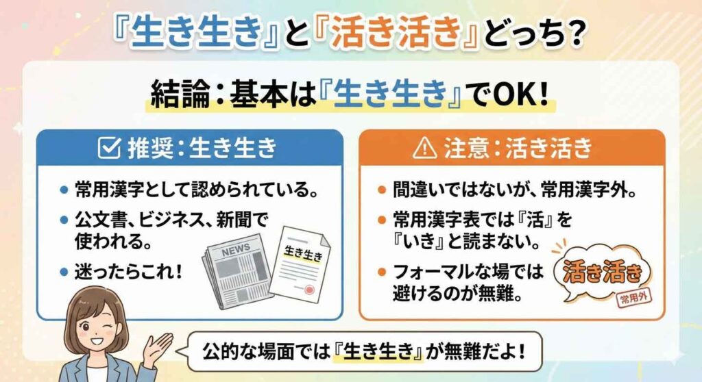 『生き生き』と『活き活き』はどちらが正しいかを解説する図解。公的文書やビジネスでは『生き生き』が推奨され、常用漢字外の『活き活き』はフォーマルな場では避けた方が良い理由を説明しているイラスト。