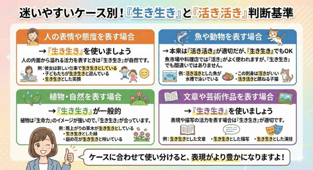 『生き生き』と『活き活き』の使い分けをケース別に解説する図解。人の表情・態度、植物や自然、魚や動物、文章や芸術表現など、場面ごとの適切な表記を女性キャラクターが説明しているイラスト。