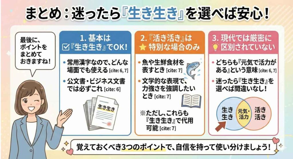 『生き生き』と『活き活き』の最終まとめ図解。迷ったら『生き生き』を選べば安心で、常用漢字として公的文書でも使えること、『活き活き』は特別な場合のみ推奨されること、現代では厳密に区別されていないことを解説しているイラスト。