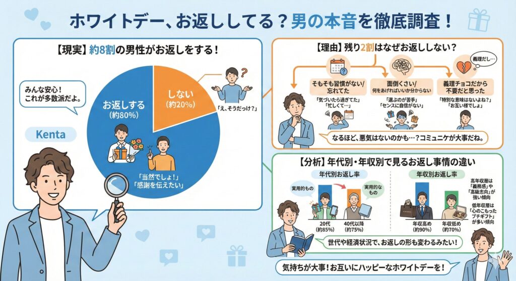 ホワイトデーに男性はお返ししているのかを調査したインフォグラフィック。約8割の男性がホワイトデーにお返しをしているという結果や、しない理由、年代別・年収別のお返し傾向の違いを解説している図解。